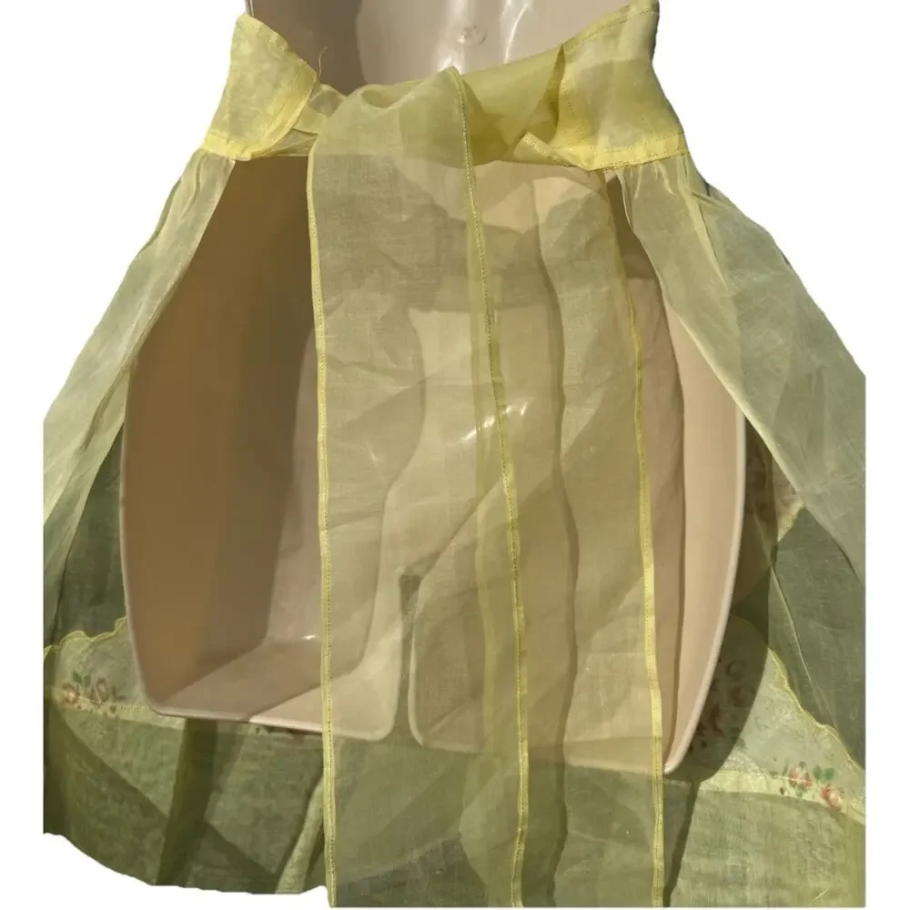 Vintage Floral Half Apron Pockets Sheer Yellow Lace Cottagecore Retro OS Patched